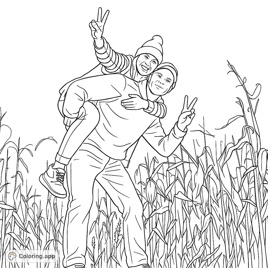 Capture the joy of a piggyback ride in a field of tall plants. A fun and engaging coloring page for all ages, perfect for expressing happiness and connection.