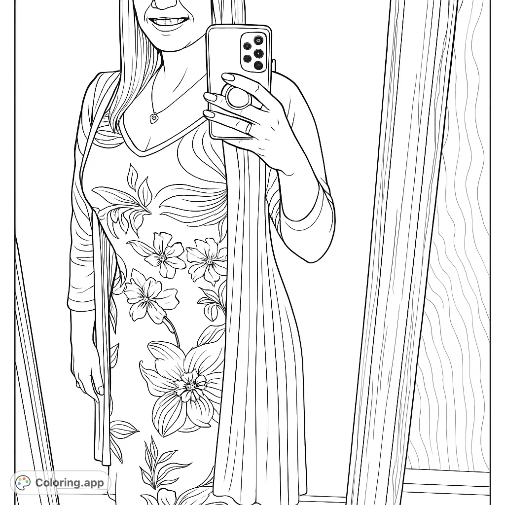 Capture a moment of self-expression with this elegant woman in a floral dress and cardigan, taking a mirror selfie. A stylish fashion coloring page.