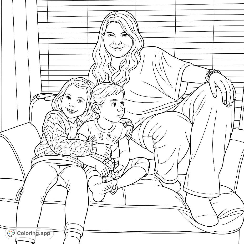 A heartwarming scene of three individuals relaxing on a couch, perfect for a family-themed coloring page. Enjoy this free printable activity!