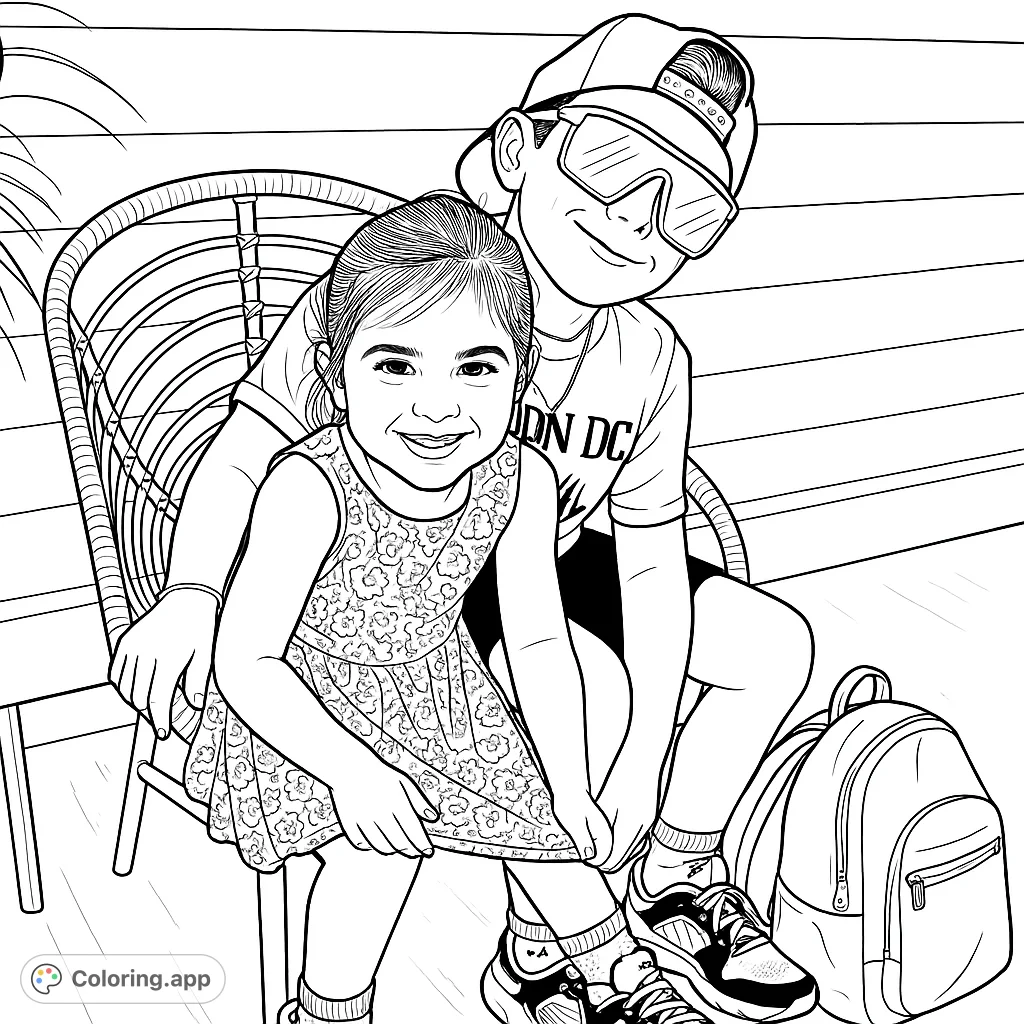 A cheerful coloring page featuring two smiling siblings, a boy and a girl, seated together on an outdoor chair, perfect for family fun.