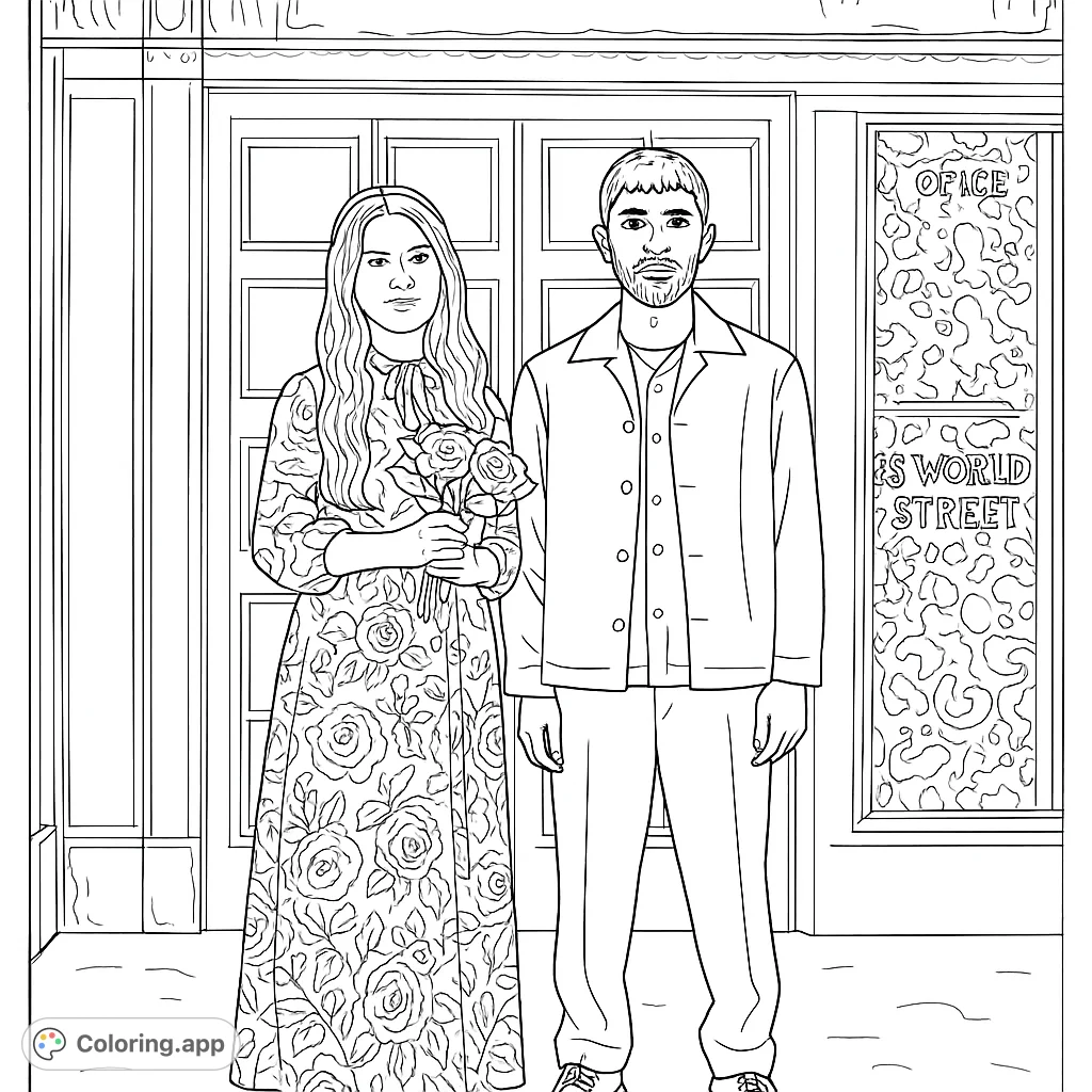 A joyful couple stands before ornate doors, ready for a special day. Features a detailed floral dress and a classic suit, perfect for creative coloring.