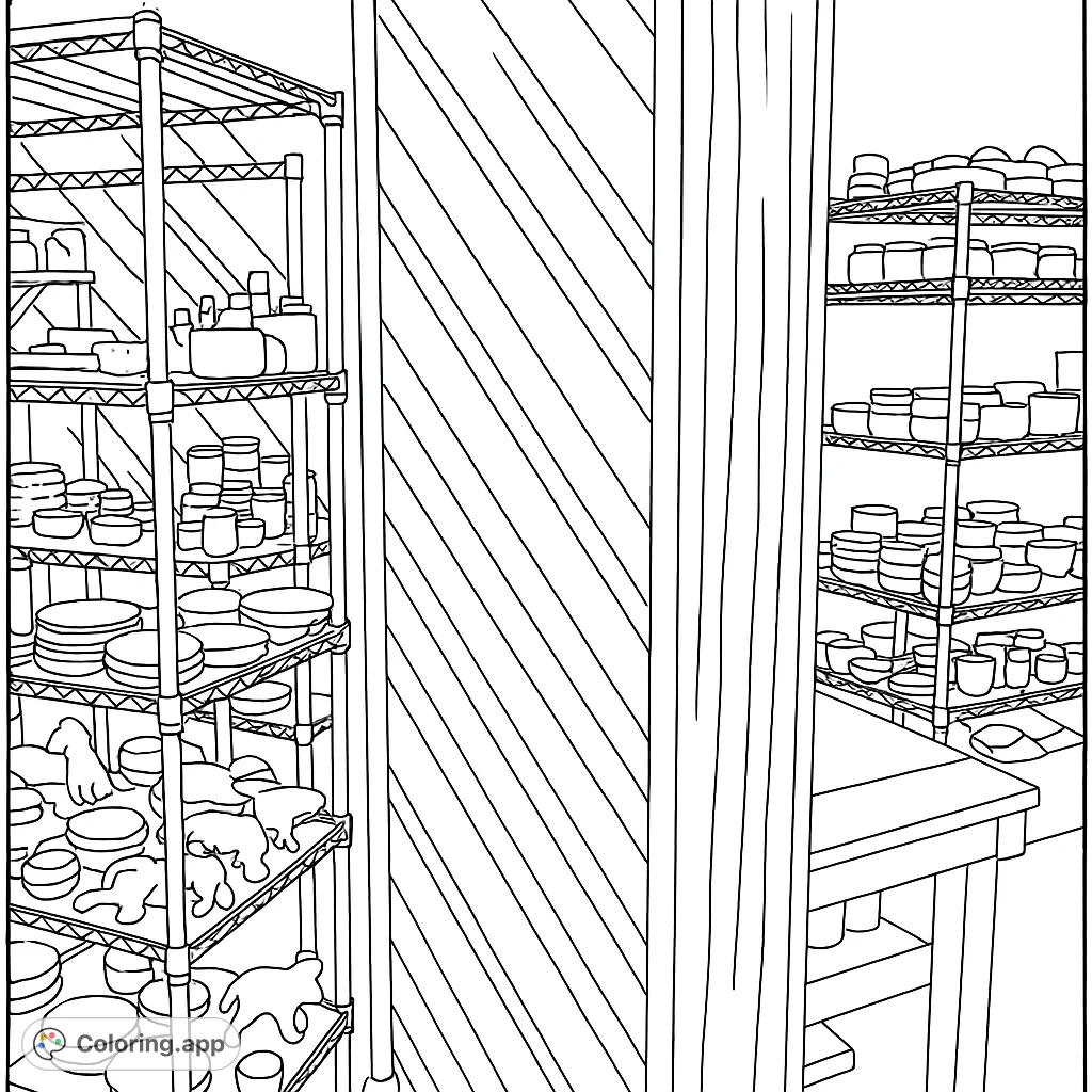 Explore a detailed pottery studio scene with shelves full of ceramic pieces and a textured wooden wall. Perfect for creative expression.