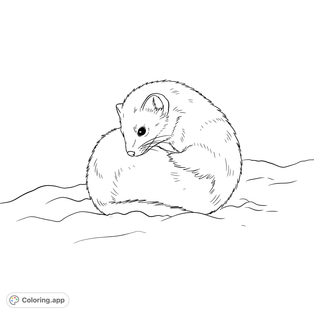 Discover a charming ermine curled in soft snow. A delightful winter animal coloring page for all ages, perfect for relaxation and creativity.