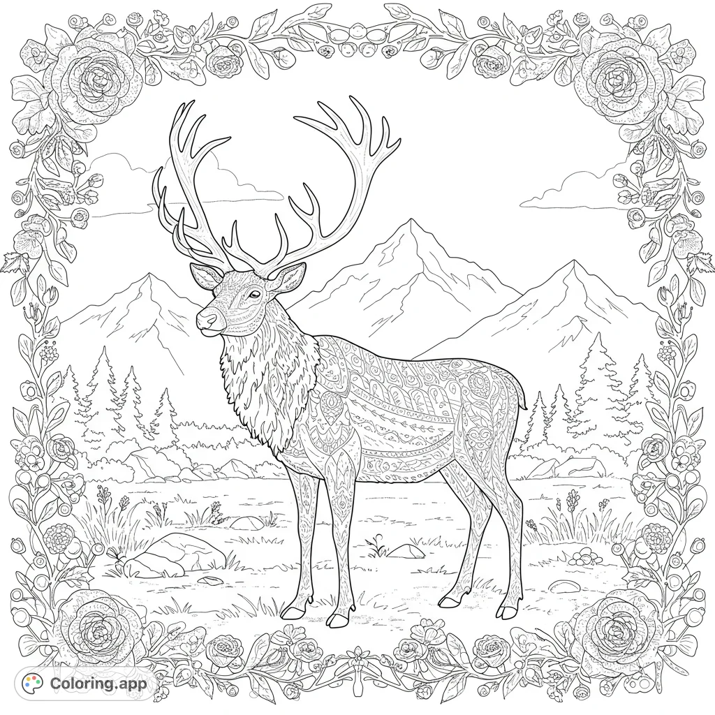 Discover a majestic caribou with intricate antlers set against towering mountains. A realistic nature scene framed by decorative flowers and leaves.
