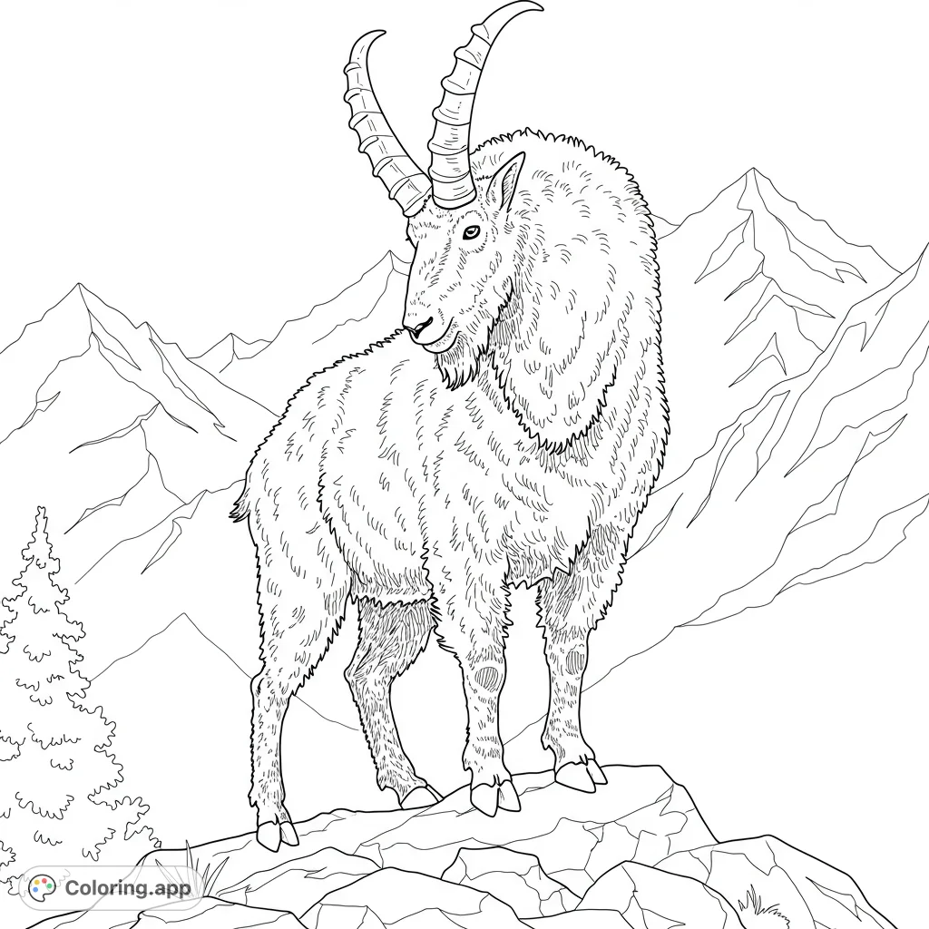 Discover a detailed mountain goat coloring page, featuring textured fur, majestic curved horns, and a rugged mountain backdrop. A free printable wildlife adventure.