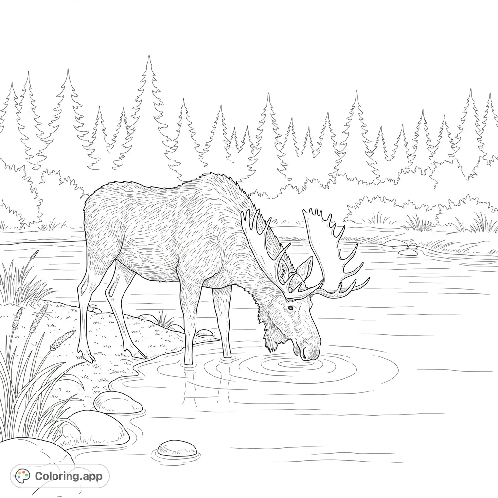 A majestic moose stands on a river bank, gracefully drinking from the water, surrounded by natural elements. Perfect for nature and wildlife enthusiasts.