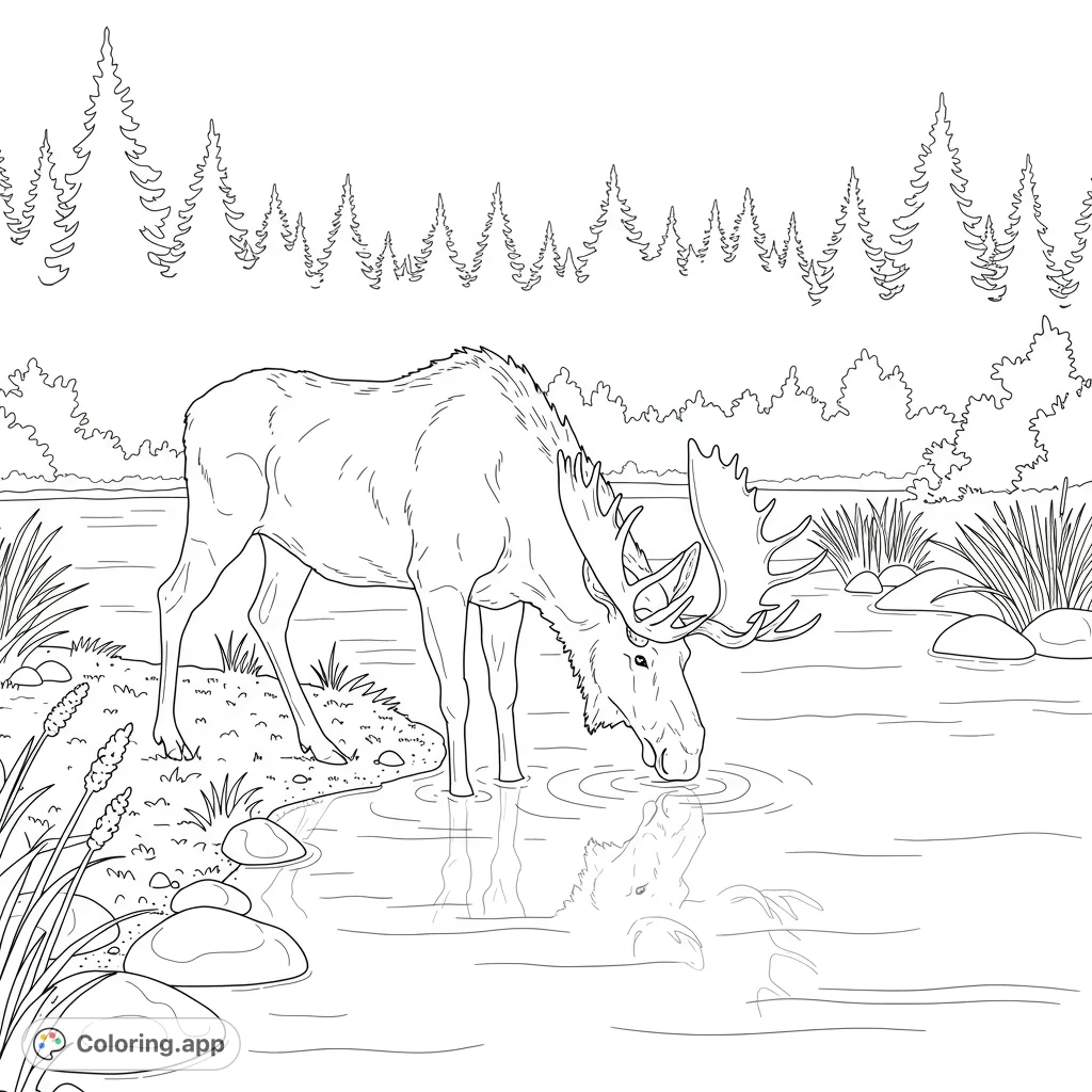 A majestic moose stands on a river bank, gracefully drinking from the water, surrounded by natural elements. Perfect for nature and wildlife enthusiasts.