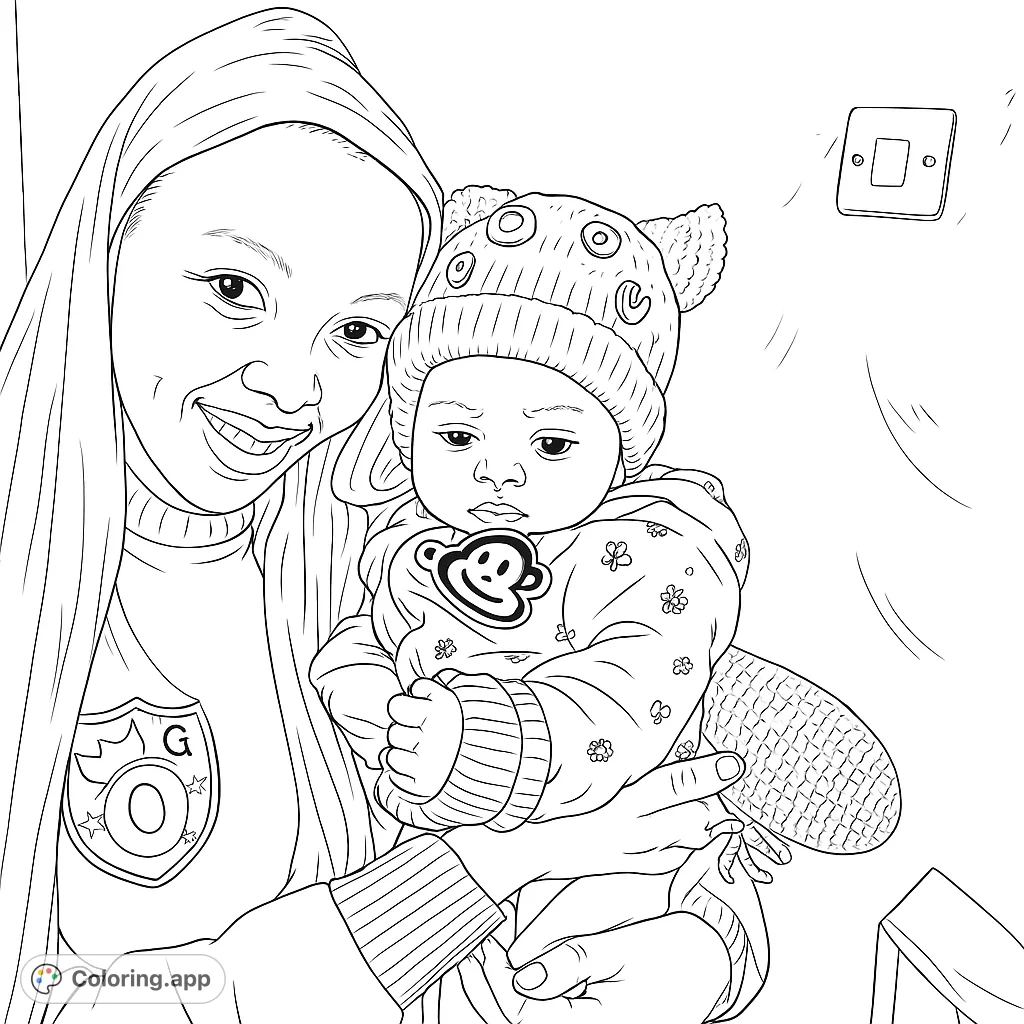 A heartwarming mother and child portrait, perfect for a free printable family coloring page. Features a loving embrace and charming details.