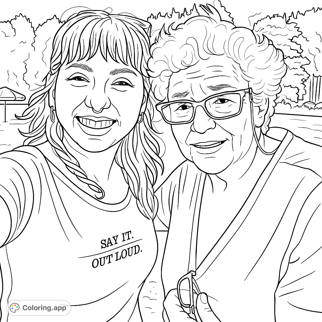 Two smiling individuals captured in an outdoor portrait, perfect for a relaxing coloring experience. Features detailed faces and a natural background.