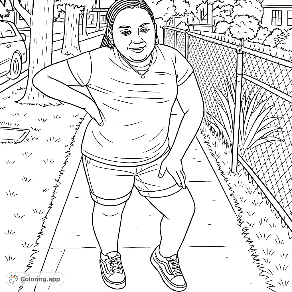 A confident youth poses on a sidewalk, featuring detailed clothing and a suburban background. Perfect for personal expression and creative coloring.