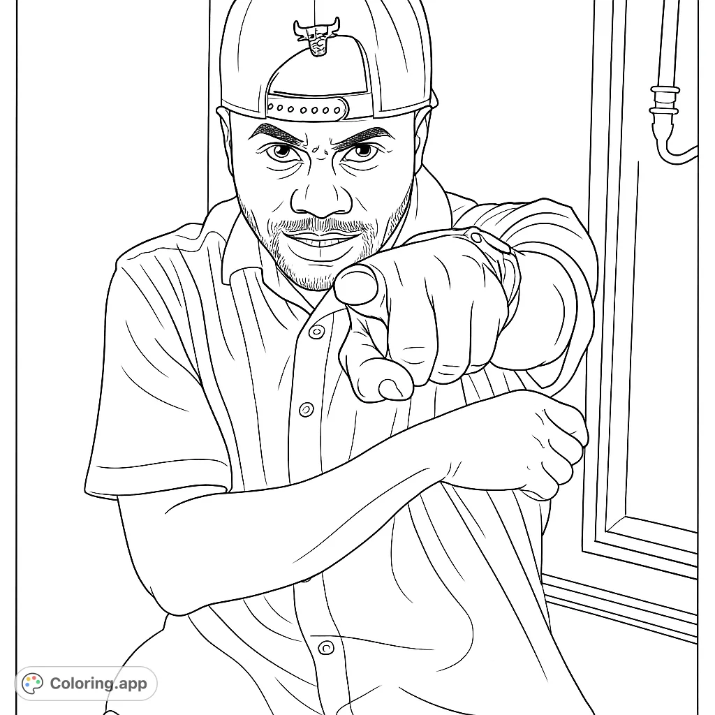 An engaging figure points directly at you, wearing a textured shirt and cap. A dynamic pose for a fun coloring experience.