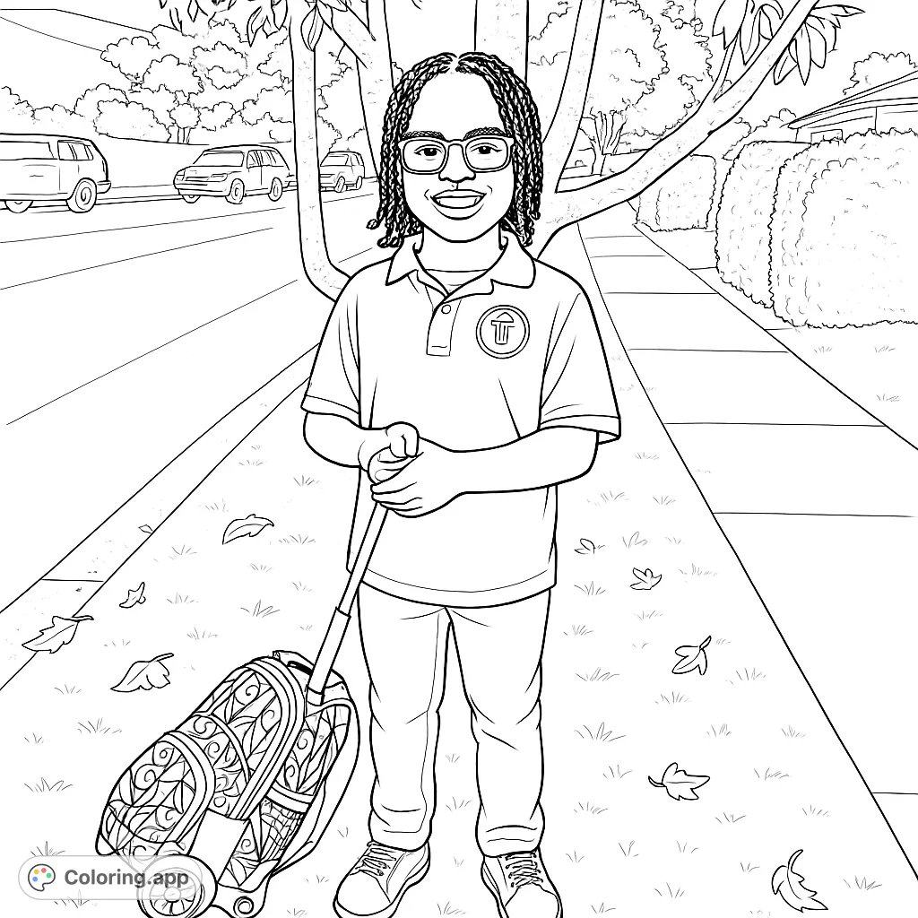 A cheerful student with a rolling backpack, ready for a new day. Perfect for young colorists to imagine their own school journey and adventures.