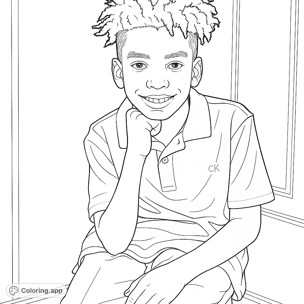 A charming boy portrait coloring page, perfect for practicing skin tones and expressions. Features a smiling boy with textured hair in a relaxed pose.