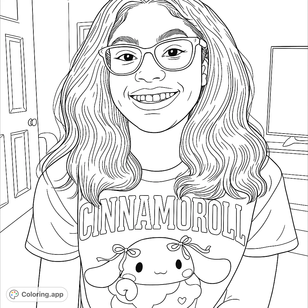 A cheerful youth wearing glasses and a fun character t-shirt, perfect for a delightful coloring experience. A happy, free printable coloring page.
