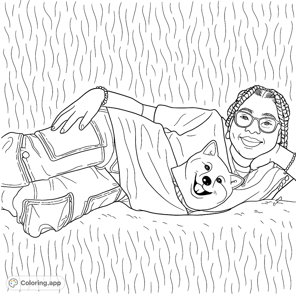 A cheerful youth relaxes on a textured hay bale, wearing stylish patterned jeans and a fun dog graphic tee. Perfect for creative expression and detail coloring.