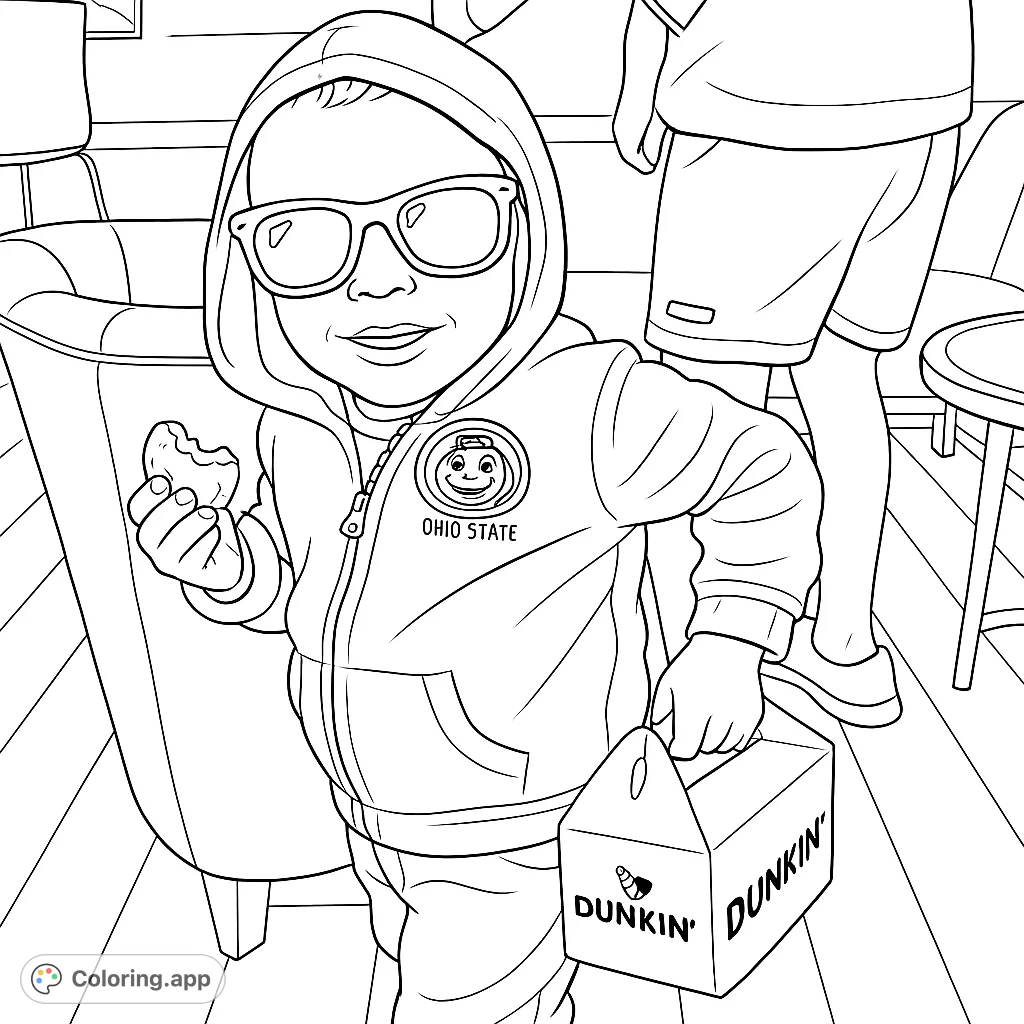 A cool kid in sunglasses and a hoodie, holding a pastry and a treat box. A fun and engaging free printable coloring page for young artists.