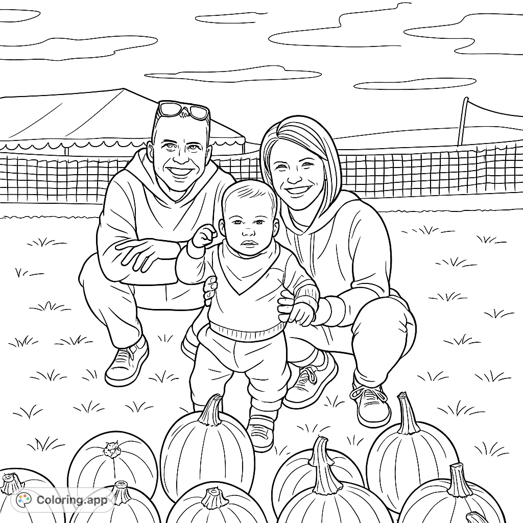 Capture heartwarming family moments at the pumpkin patch! This free printable coloring page features a happy family surrounded by pumpkins, perfect for autumn fun.