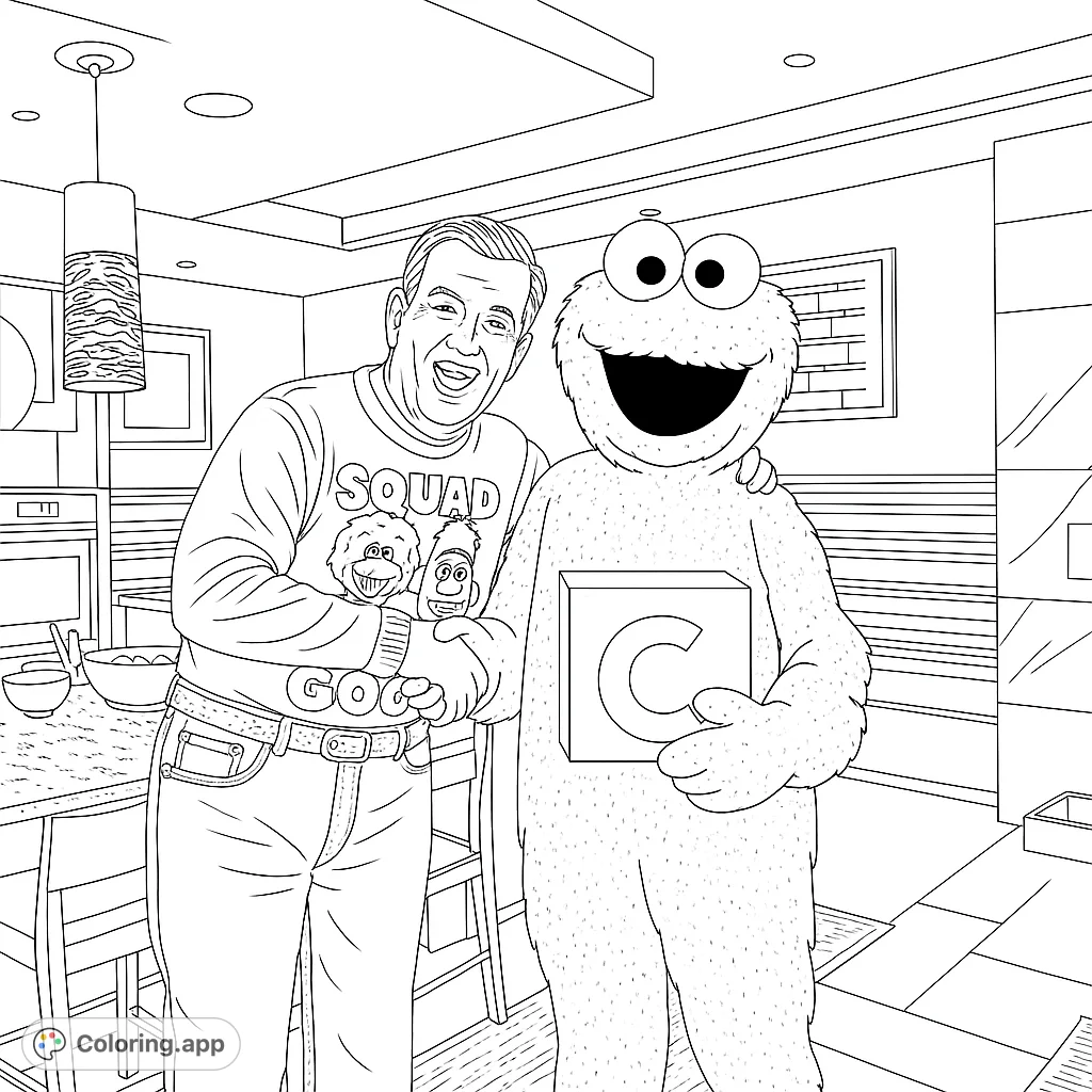 A cheerful coloring page featuring a friendly, furry character and a smiling person, perfect for young fans to explore creativity and color recognition.