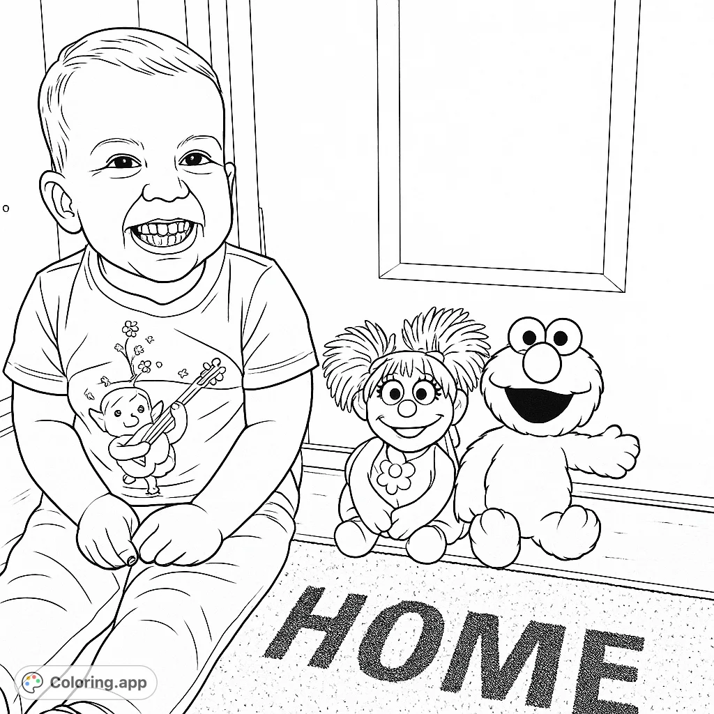 A joyful child sits with two beloved plush friends, ready for a fun coloring adventure. Perfect for young fans of familiar characters.