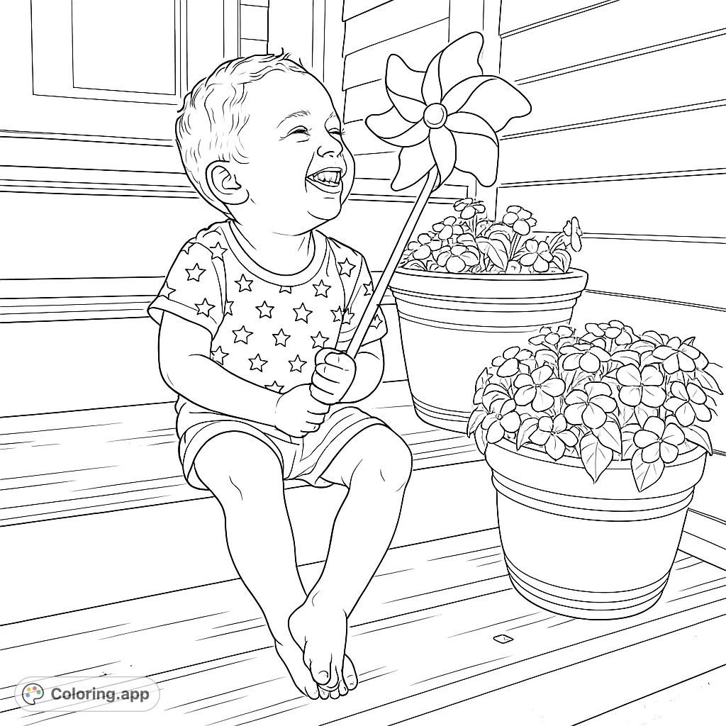 A happy child sits on steps, holding a pinwheel, surrounded by potted flowers. A delightful scene for a fun coloring experience.