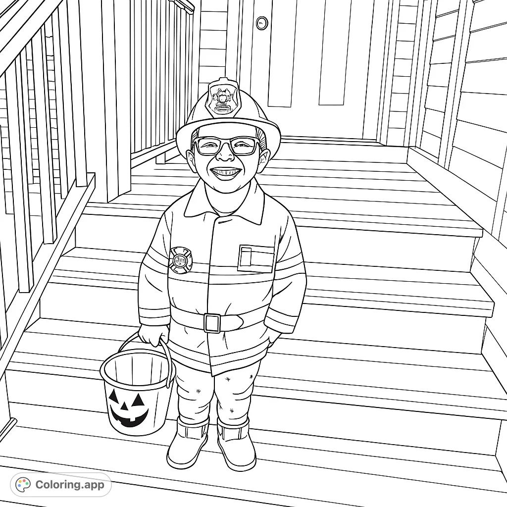A cheerful child dressed as a firefighter, holding a pumpkin bucket, ready for adventure. Perfect for aspiring heroes!