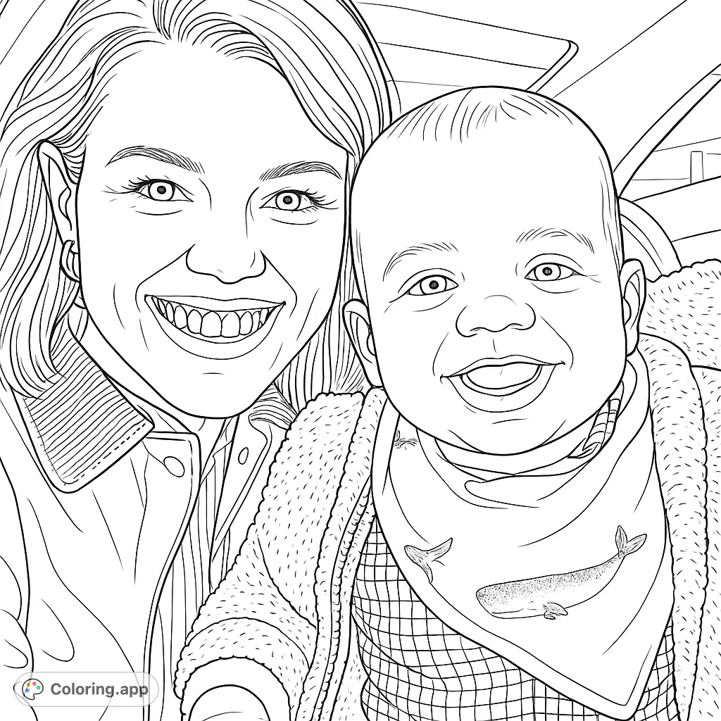 Capture the heartwarming bond of a smiling woman and baby in a car. A delightful family portrait, perfect for a free printable family coloring page.