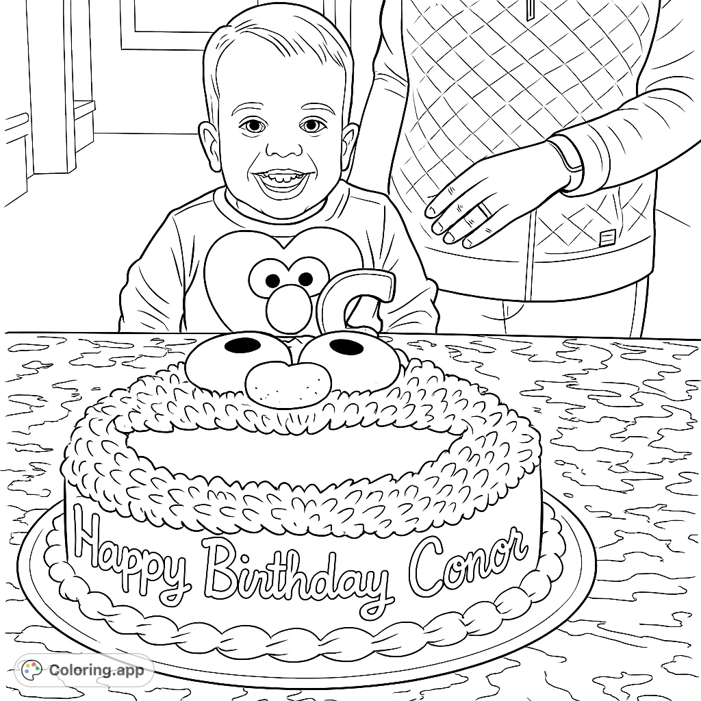 A joyful toddler celebrates with a character birthday cake and a number two candle, perfect for a happy birthday coloring page.