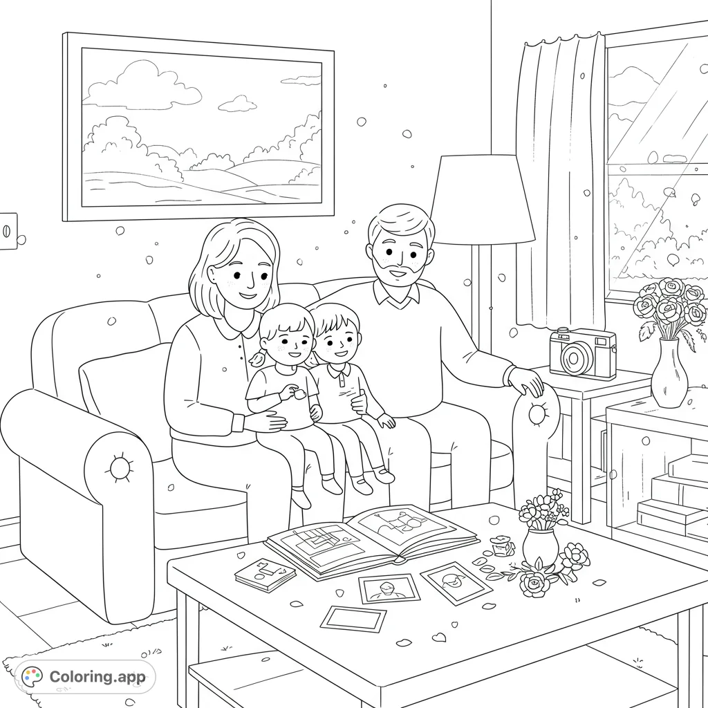 Capture heartwarming family moments in a cozy living room. This free printable coloring page features a family on a sofa, a photo album, and warm light.