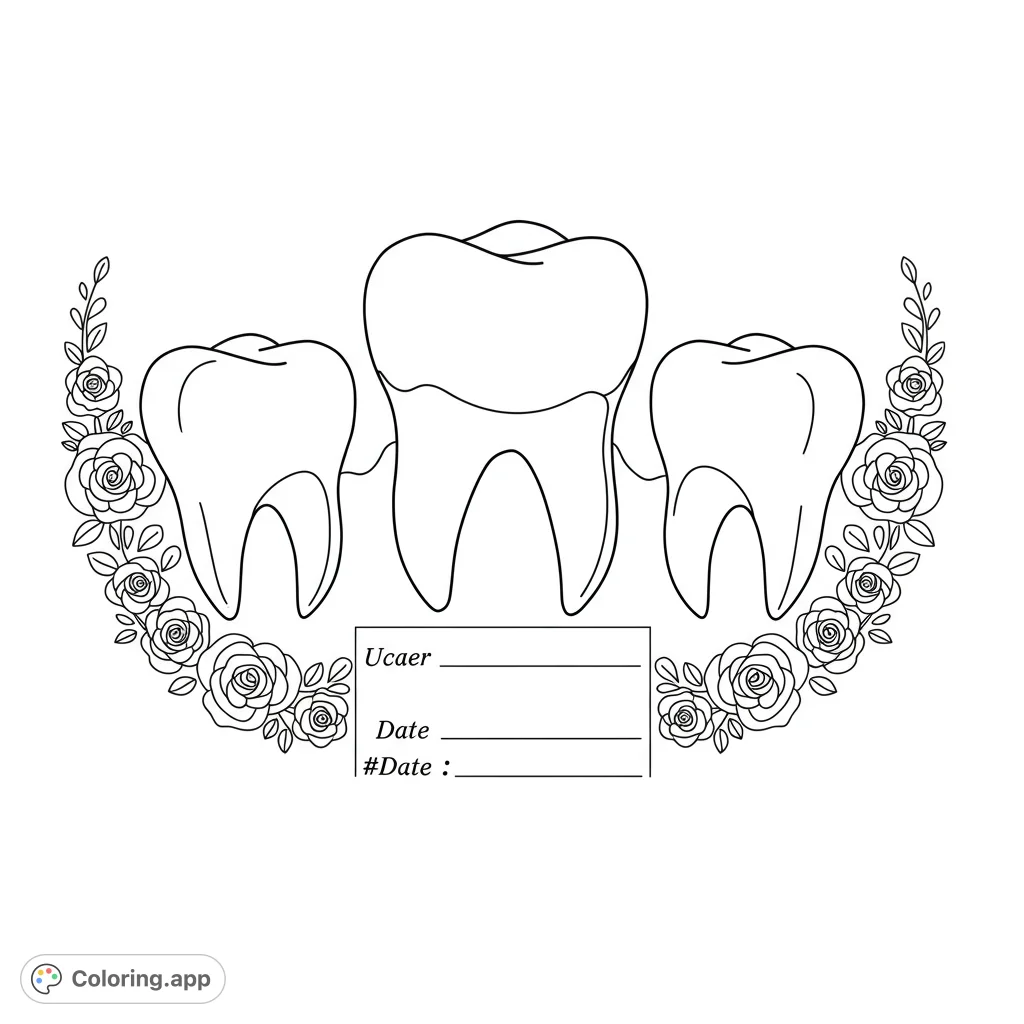 A unique coloring page featuring three large, blank tooth shapes, each with dedicated spaces for names and dates, perfect for celebrating lost teeth.
