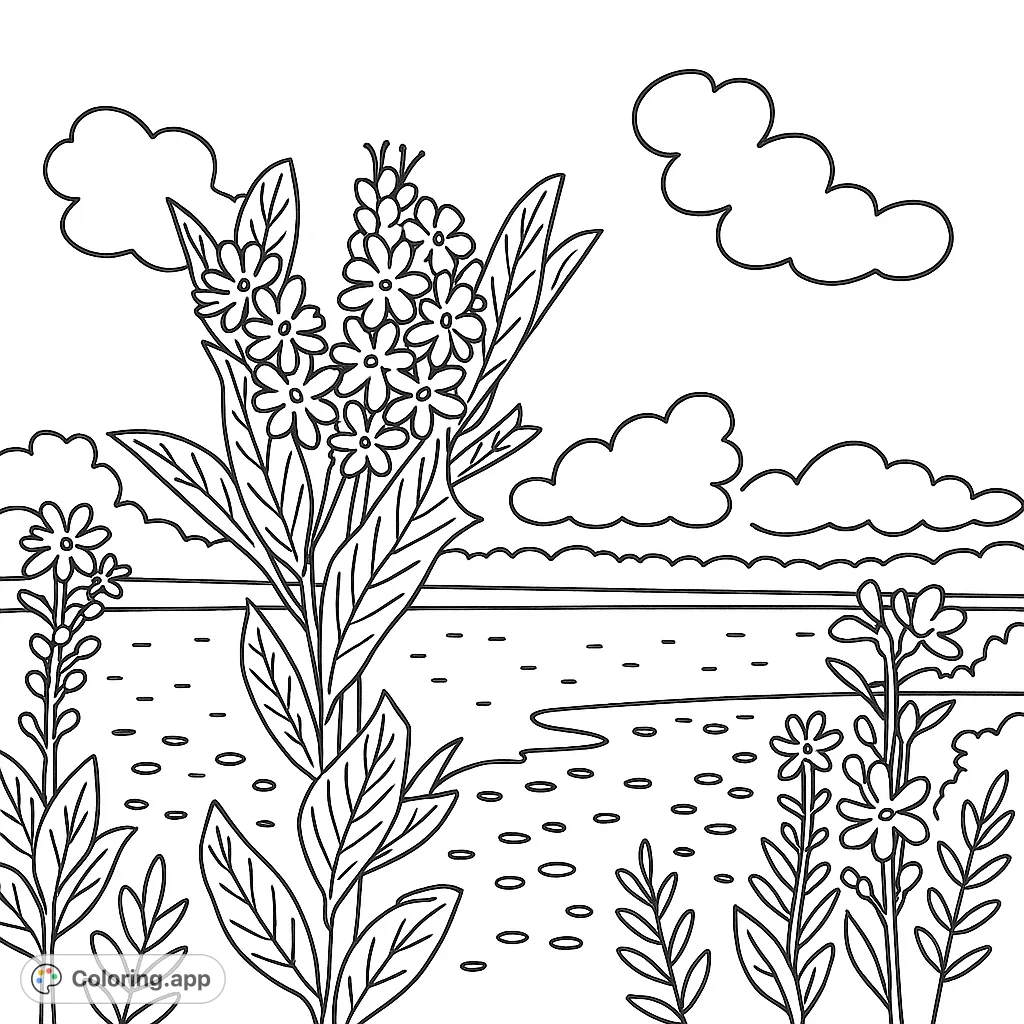A serene lakeside scene featuring a prominent flowering plant with delicate blooms and broad leaves, set against a tranquil water body and distant trees. A free printable nature coloring page.
