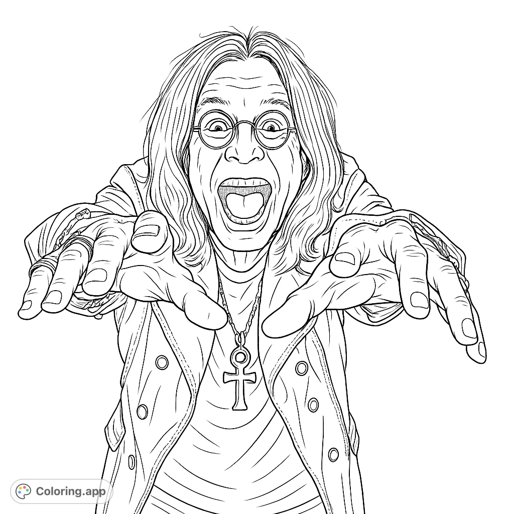 Capture the raw energy of a legendary rock icon in this dynamic coloring page. Intricate details on his hands, face, and attire await your creative touch.