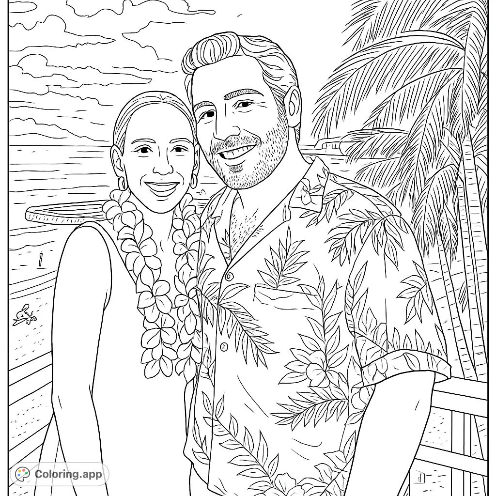 Capture the joy of a tropical getaway with this couple on a balcony overlooking a scenic beach. Perfect for a relaxing coloring experience.