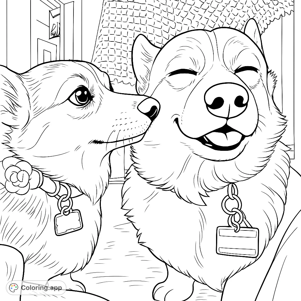 Two adorable corgis, one winking playfully, the other looking on, ready for you to bring their charming personalities to life with your colors.
