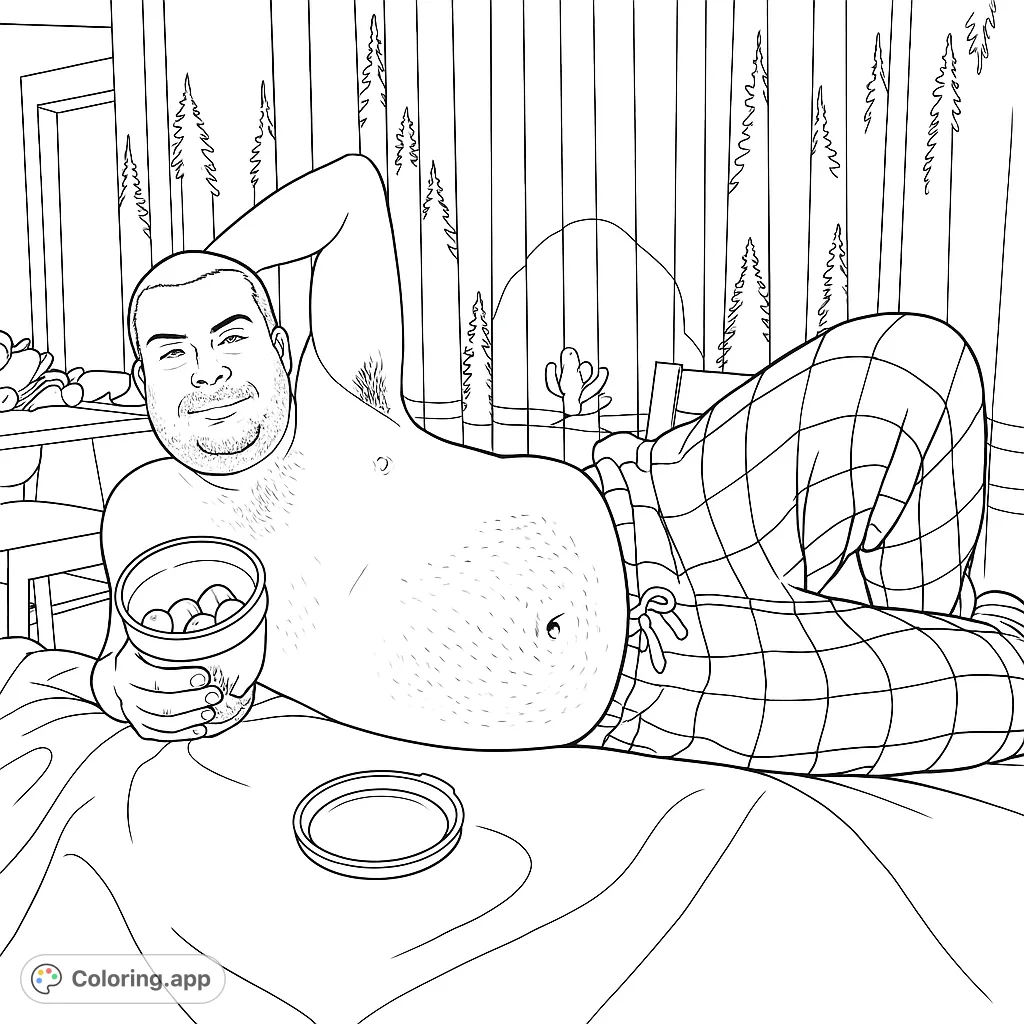A man relaxes on a bed, holding snacks, wearing plaid pants. A cozy scene for detailed coloring.
