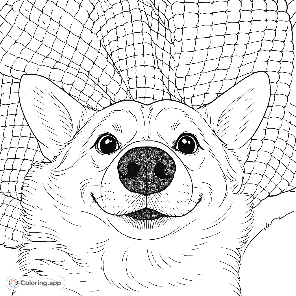 Capture the joyful spirit of a smiling Corgi pup on a cozy blanket. A delightful free printable Corgi coloring page for all ages.