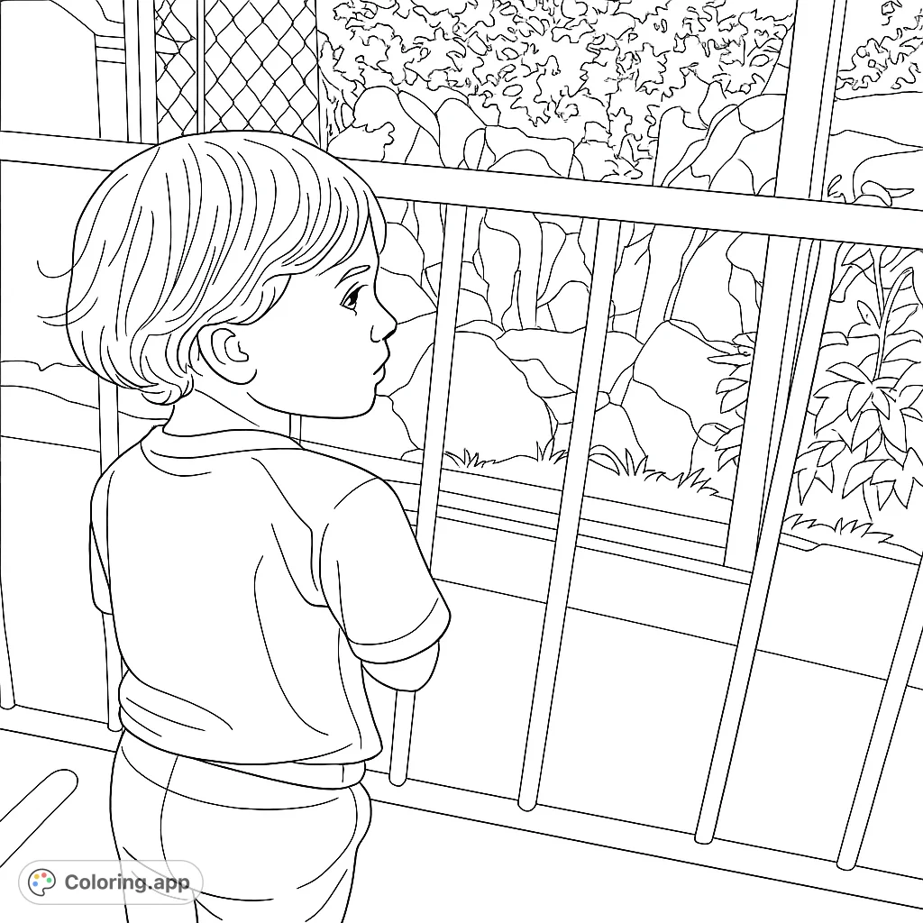A young child observes an enclosure through a sturdy barrier, perfect for a zoo-themed free printable coloring page. A delightful activity for kids.