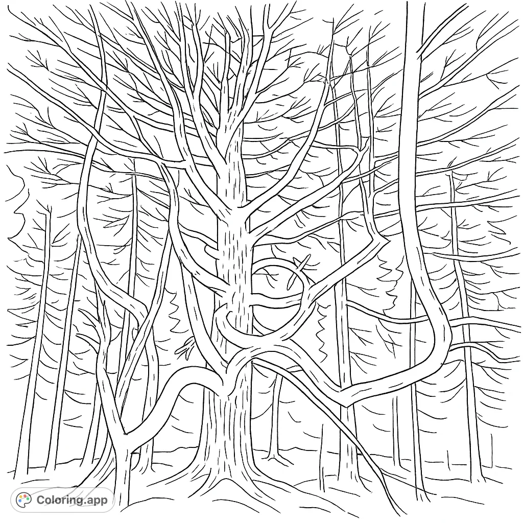 Discover an ancient, gnarled tree standing tall in a dense forest. Its twisting branches and textured trunk offer a captivating nature scene for coloring.