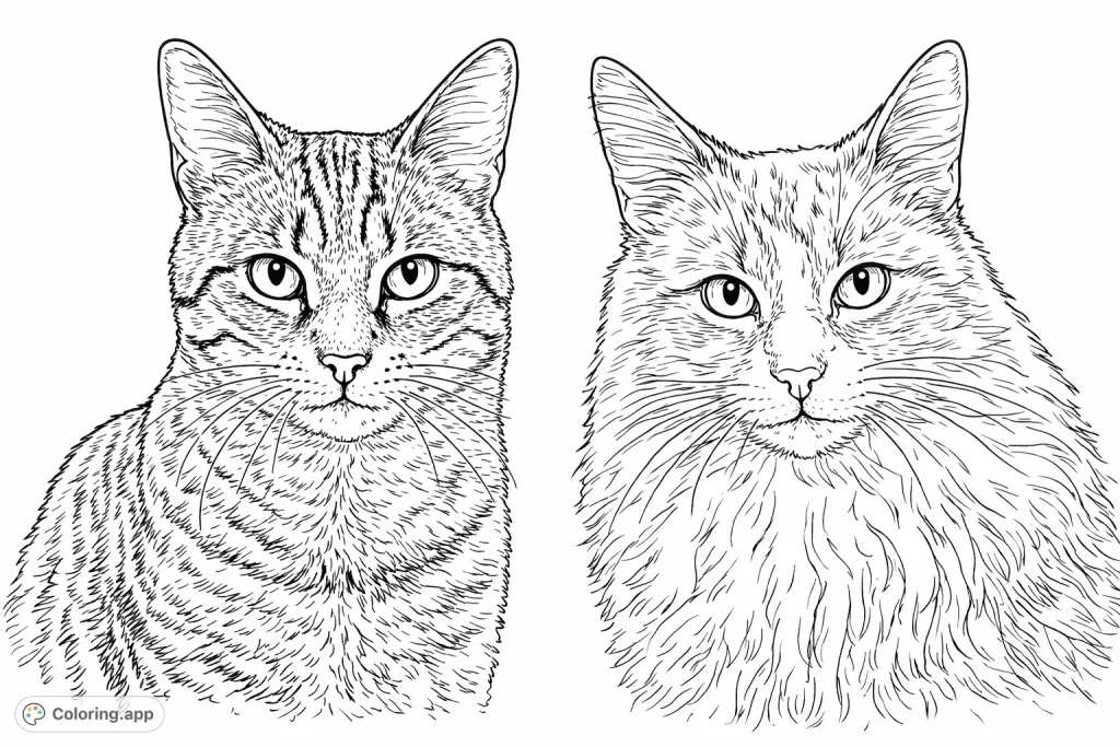 Discover this realistic two cats coloring page, featuring a striped and a fluffy feline portrait. A free printable coloring page for animal lovers.