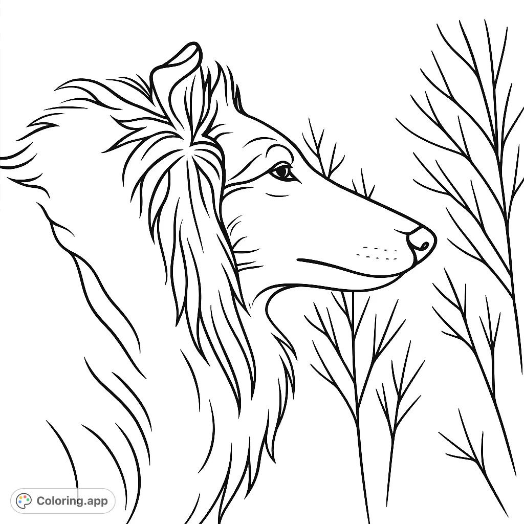 Color a beautiful Collie dog in profile, featuring its flowing fur and a serene outdoor setting. A free printable dog coloring page for all ages.