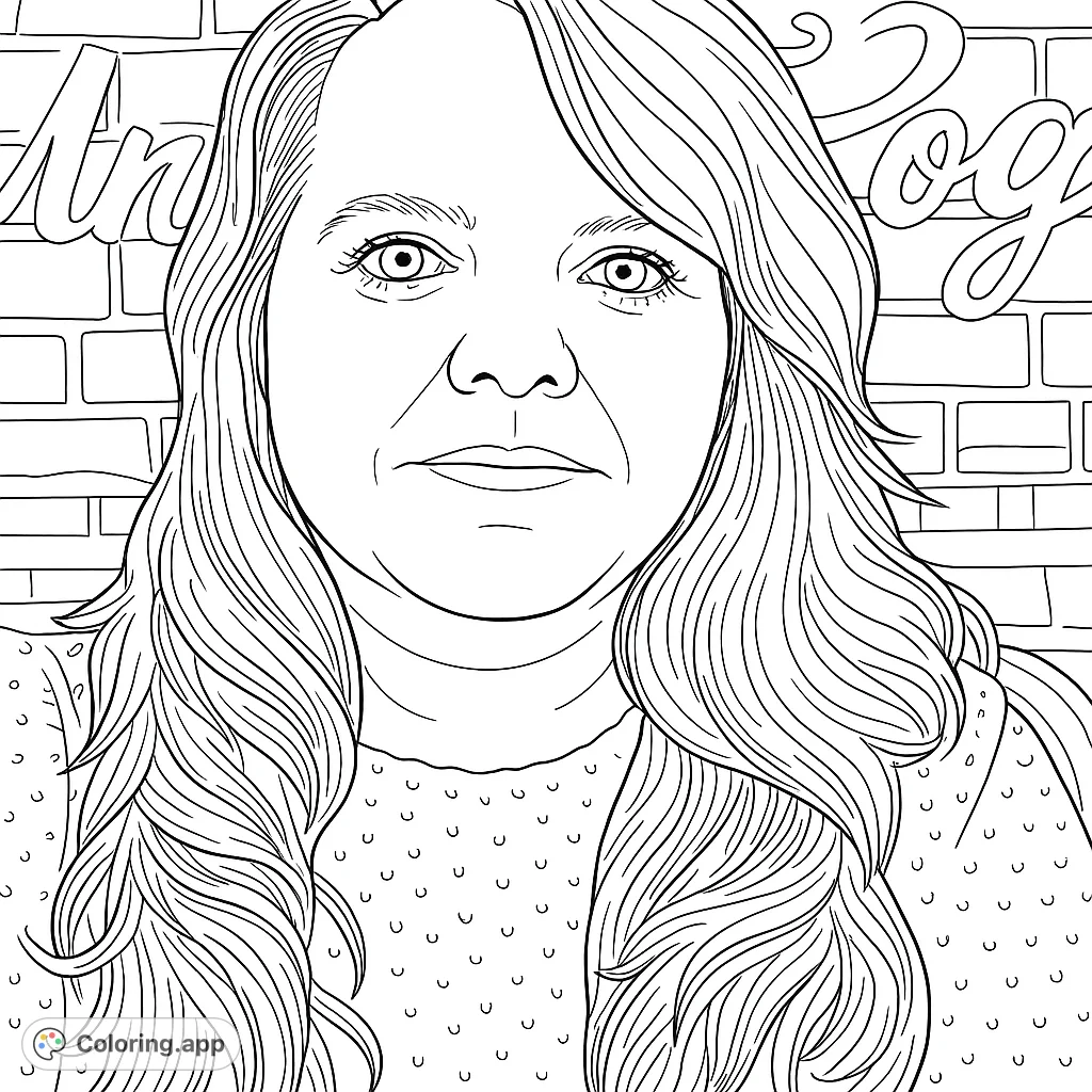 A captivating portrait of a woman with flowing hair and a textured top, set against a detailed brick wall. Perfect for realistic portrait coloring.