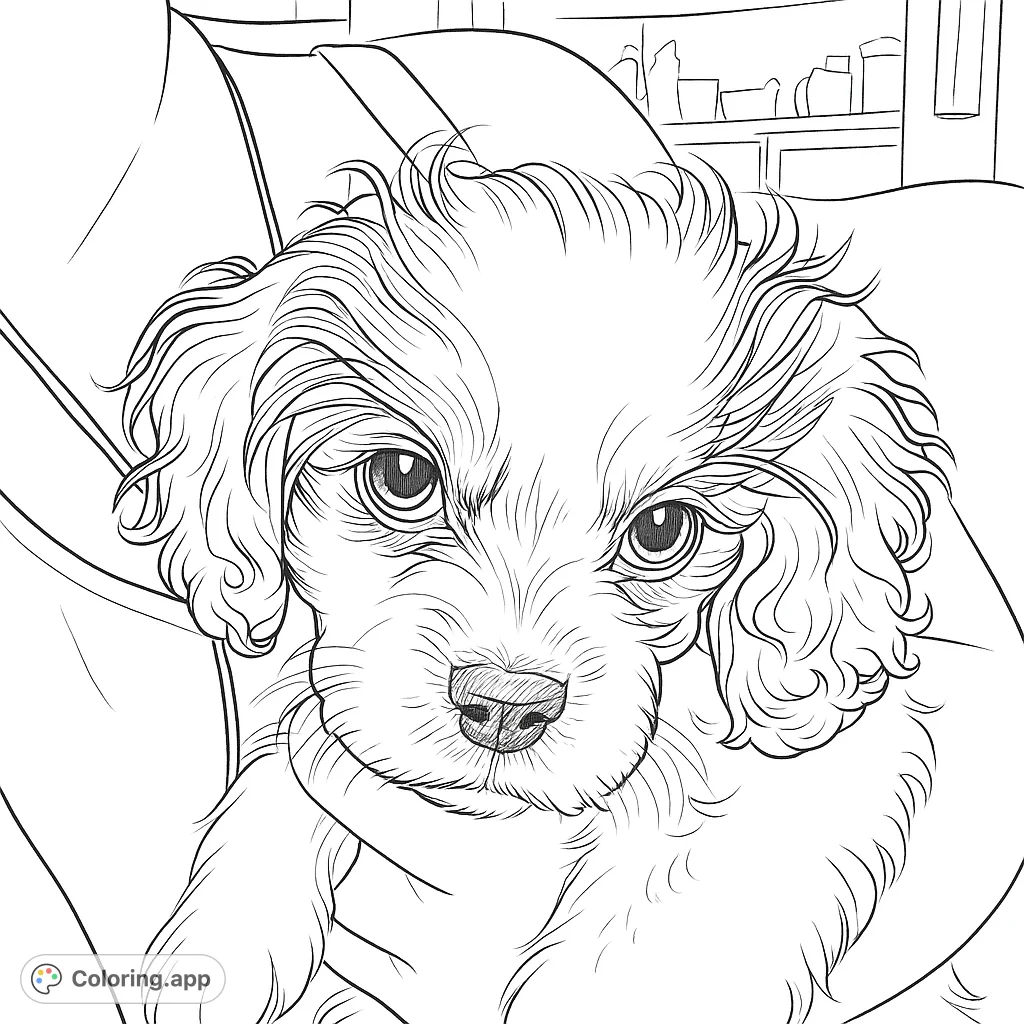 An adorable puppy coloring page featuring a fluffy, expressive canine being gently held, perfect for animal lovers of all ages.