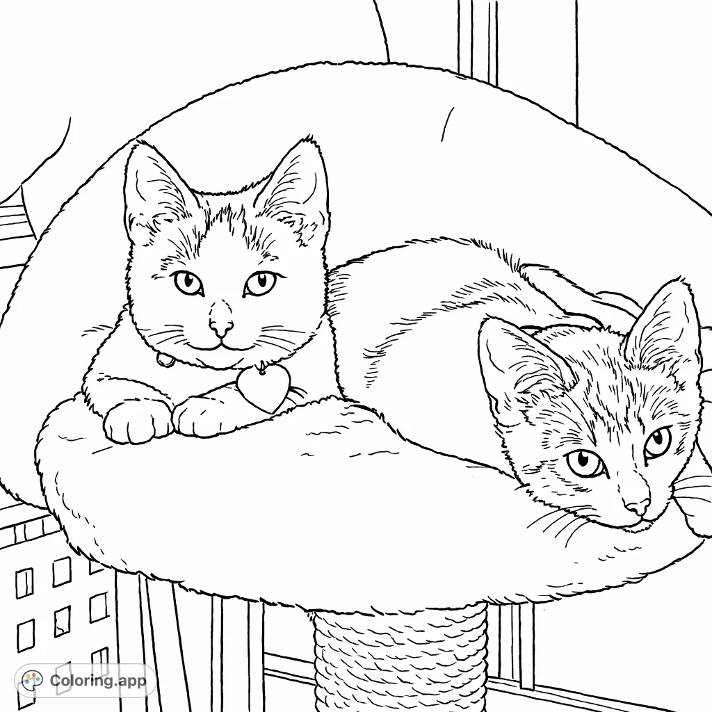 Meet two adorable kittens relaxing on a soft perch. This charming, simple hand-drawn coloring page is perfect for young artists to enjoy these sweet feline companions.