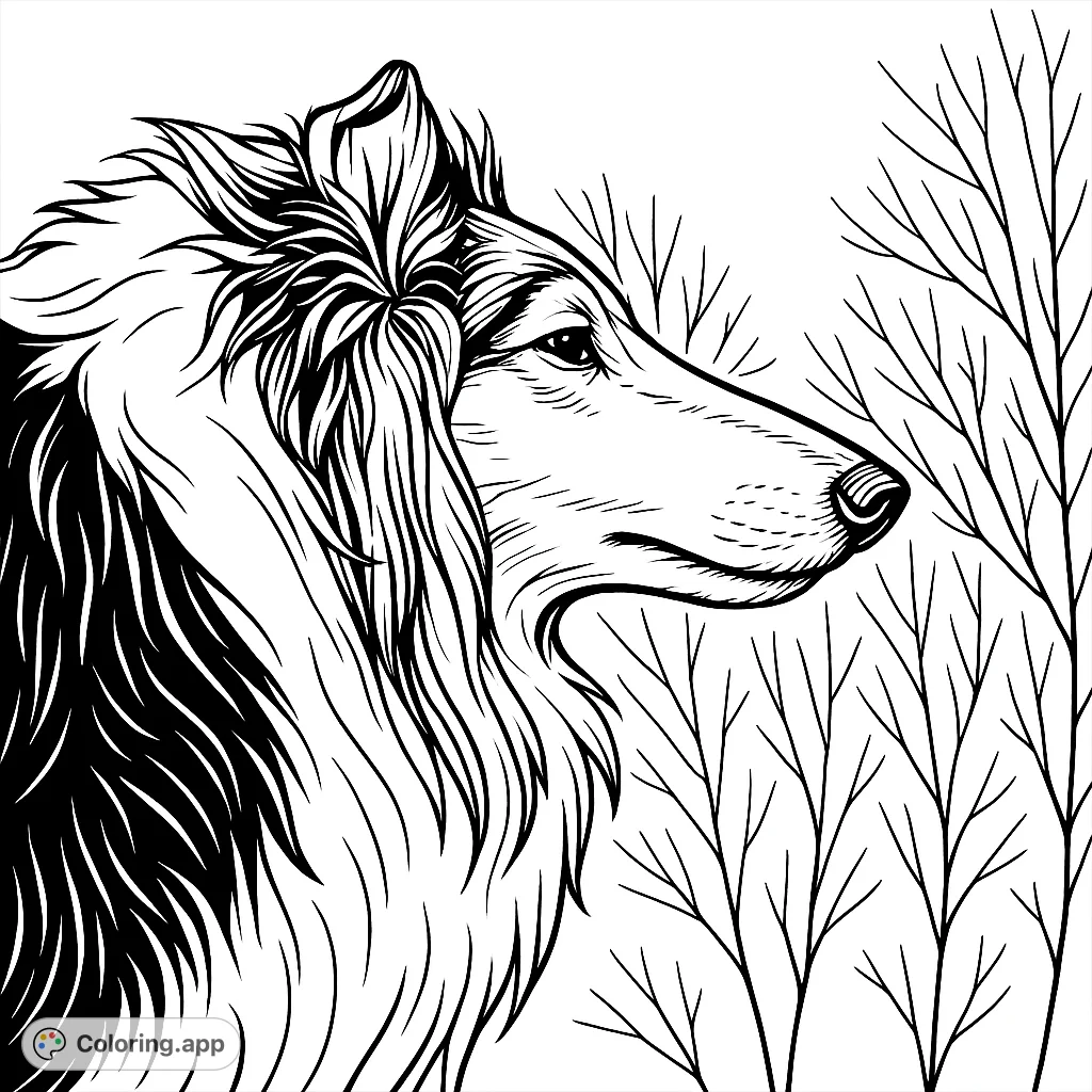 A majestic Collie dog coloring page, featuring a detailed side profile with flowing fur and a serene expression against a natural backdrop. Perfect for dog lovers!