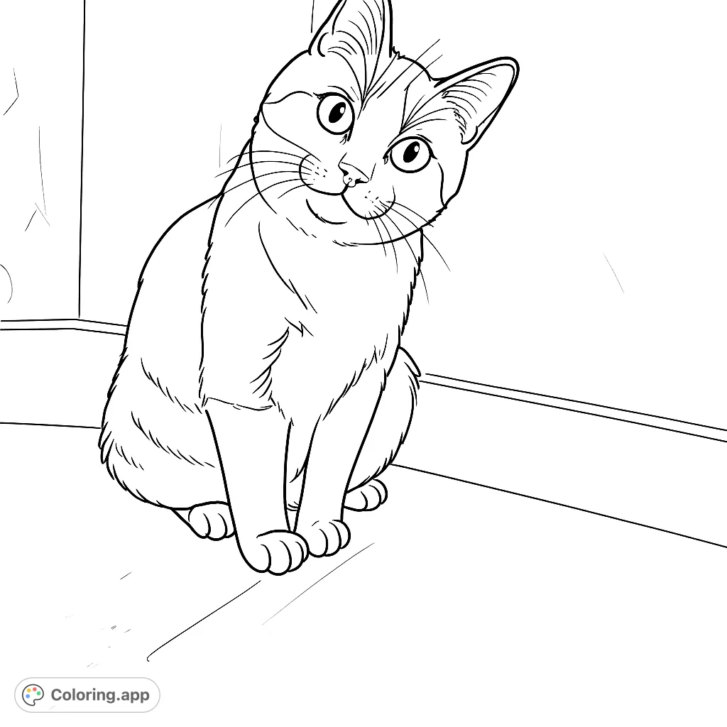 A charming cat with a tilted head and expressive gaze, sitting patiently. Perfect for animal lovers to bring to life with their favorite colors.