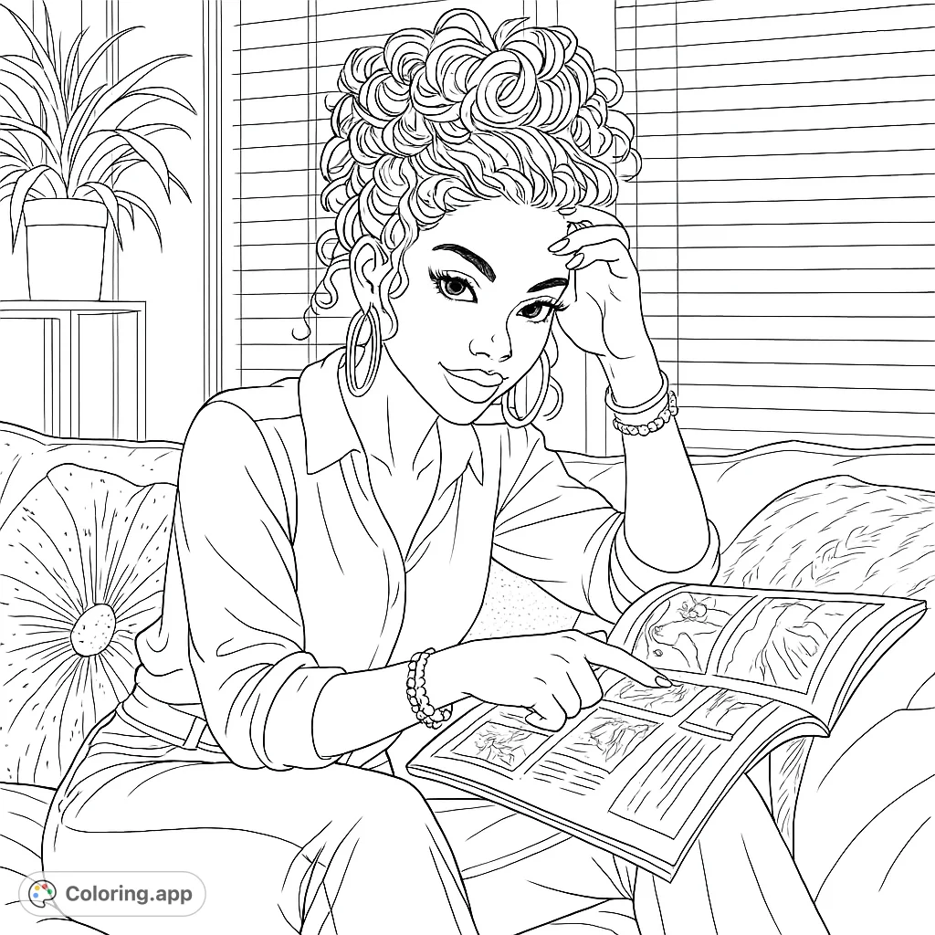 A stylish woman with curly hair relaxes on a sofa, engrossed in a magazine. Perfect for a relaxing coloring experience.
