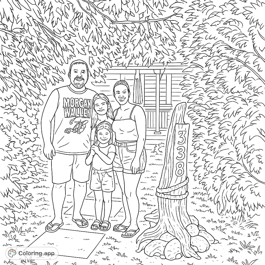 Capture a heartwarming family moment outdoors! This free printable family portrait coloring page features four individuals amidst lush foliage and a cozy home setting.