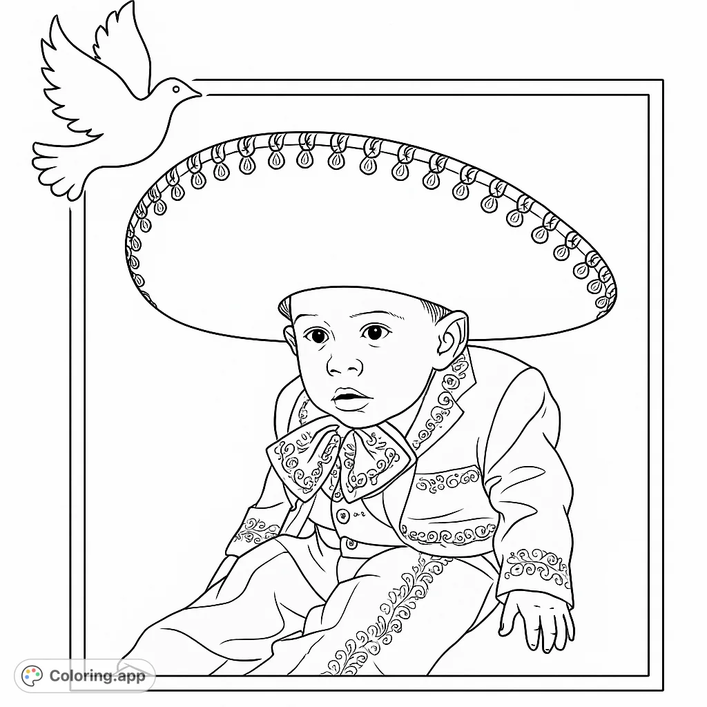 A delightful baby in a traditional charro suit and oversized sombrero, perfect for cultural celebrations and adorable coloring fun.