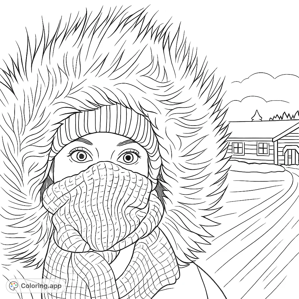 A person bundled in a fur-lined hood and scarf, with only eyes visible, against a snowy winter landscape. Perfect for cozy coloring.