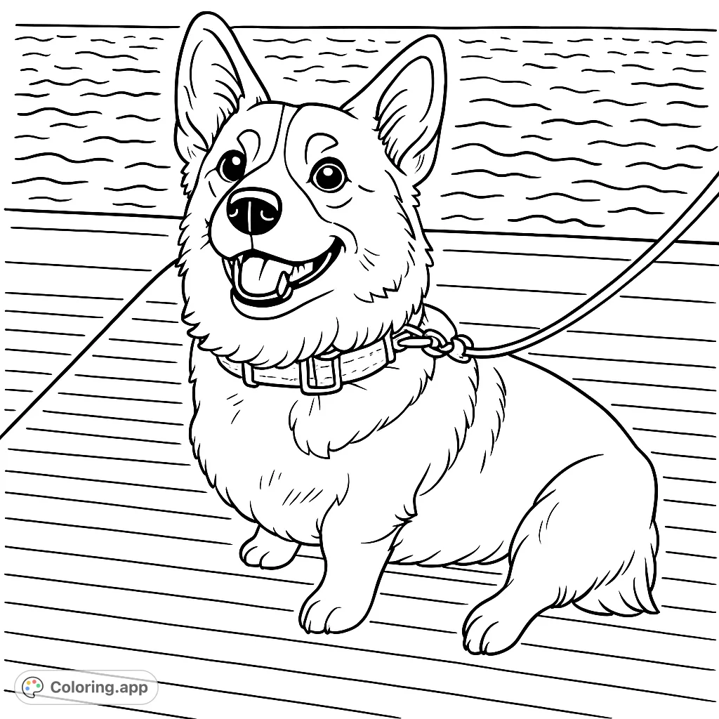 A delightful Corgi dog smiles on a boat deck, ready for adventure. Perfect for dog lovers and a fun, free printable coloring page.