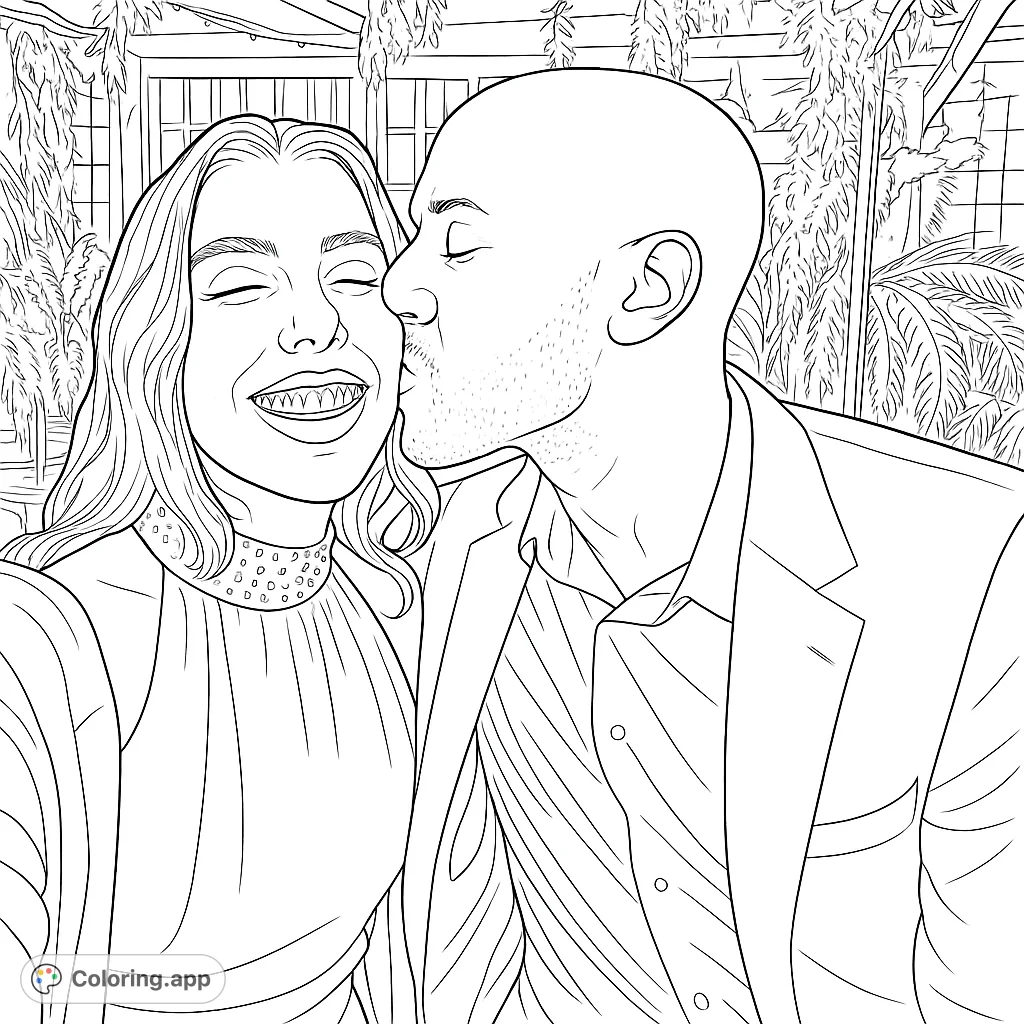Capture a tender moment of affection with this romantic couple coloring page. Features a sweet embrace and detailed background elements.